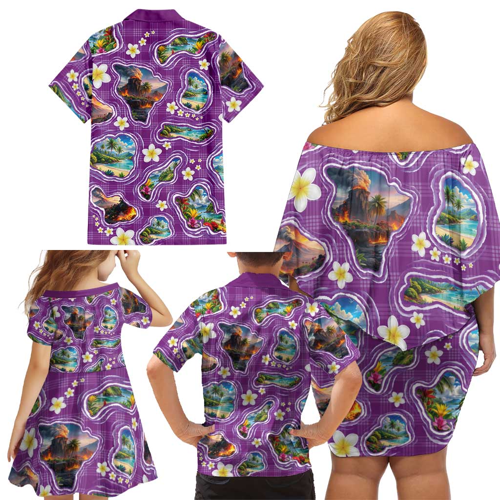 Hawaiian Island Shapes-Iconic Landscape Family Matching Off Shoulder Short Dress and Hawaiian Shirt with Plumeria and Palaka Purple Color