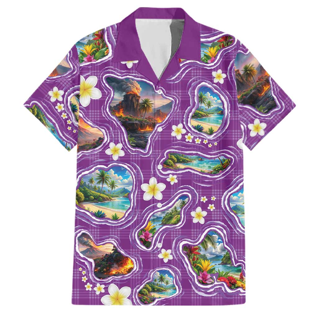 Hawaiian Island Shapes-Iconic Landscape Family Matching Off Shoulder Short Dress and Hawaiian Shirt with Plumeria and Palaka Purple Color