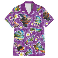 Hawaiian Island Shapes-Iconic Landscape Family Matching Off Shoulder Short Dress and Hawaiian Shirt with Plumeria and Palaka Purple Color