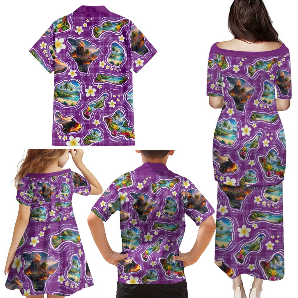 Hawaiian Island Shapes-Iconic Landscape Family Matching Puletasi and Hawaiian Shirt with Plumeria and Palaka Purple Color