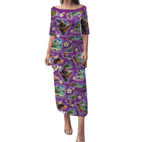 Hawaiian Island Shapes-Iconic Landscape Family Matching Puletasi and Hawaiian Shirt with Plumeria and Palaka Purple Color