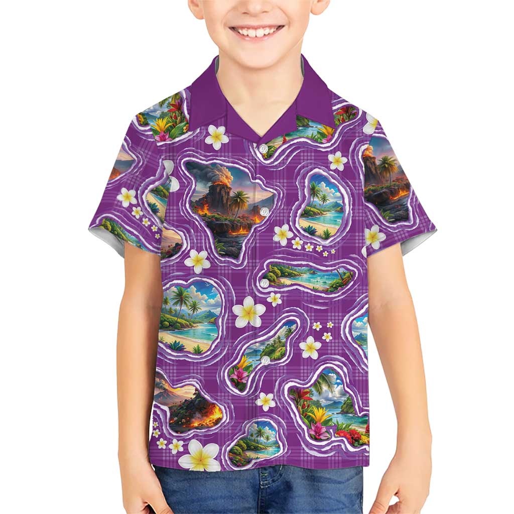 Hawaiian Island Shapes-Iconic Landscape Family Matching Puletasi and Hawaiian Shirt with Plumeria and Palaka Purple Color