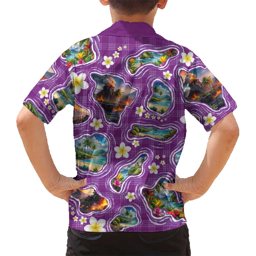 Hawaiian Island Shapes-Iconic Landscape Family Matching Short Sleeve Bodycon Dress and Hawaiian Shirt with Plumeria and Palaka Purple Color