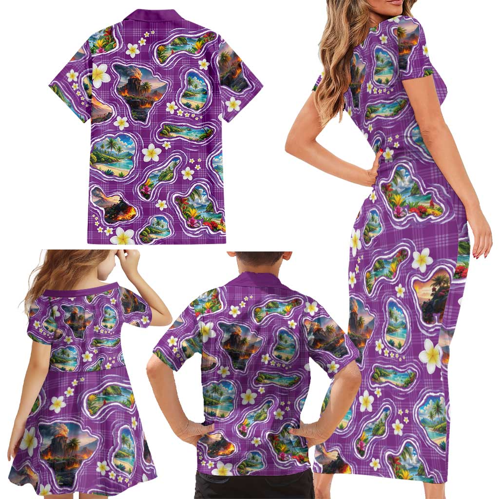 Hawaiian Island Shapes-Iconic Landscape Family Matching Short Sleeve Bodycon Dress and Hawaiian Shirt with Plumeria and Palaka Purple Color