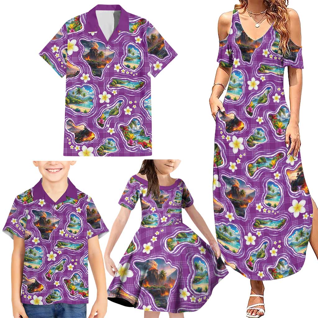 Hawaiian Island Shapes-Iconic Landscape Family Matching Summer Maxi Dress and Hawaiian Shirt with Plumeria and Palaka Purple Color
