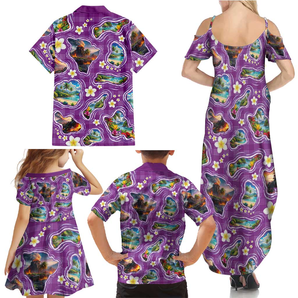 Hawaiian Island Shapes-Iconic Landscape Family Matching Summer Maxi Dress and Hawaiian Shirt with Plumeria and Palaka Purple Color