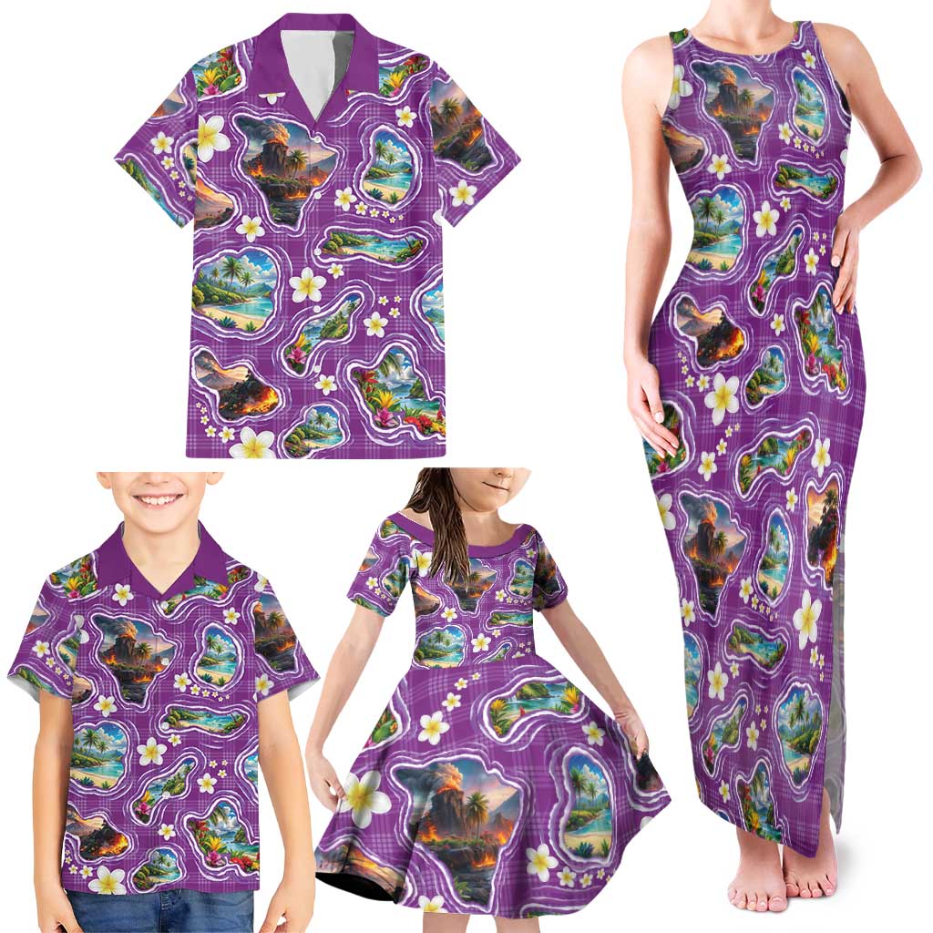 Hawaiian Island Shapes-Iconic Landscape Family Matching Tank Maxi Dress and Hawaiian Shirt with Plumeria and Palaka Purple Color