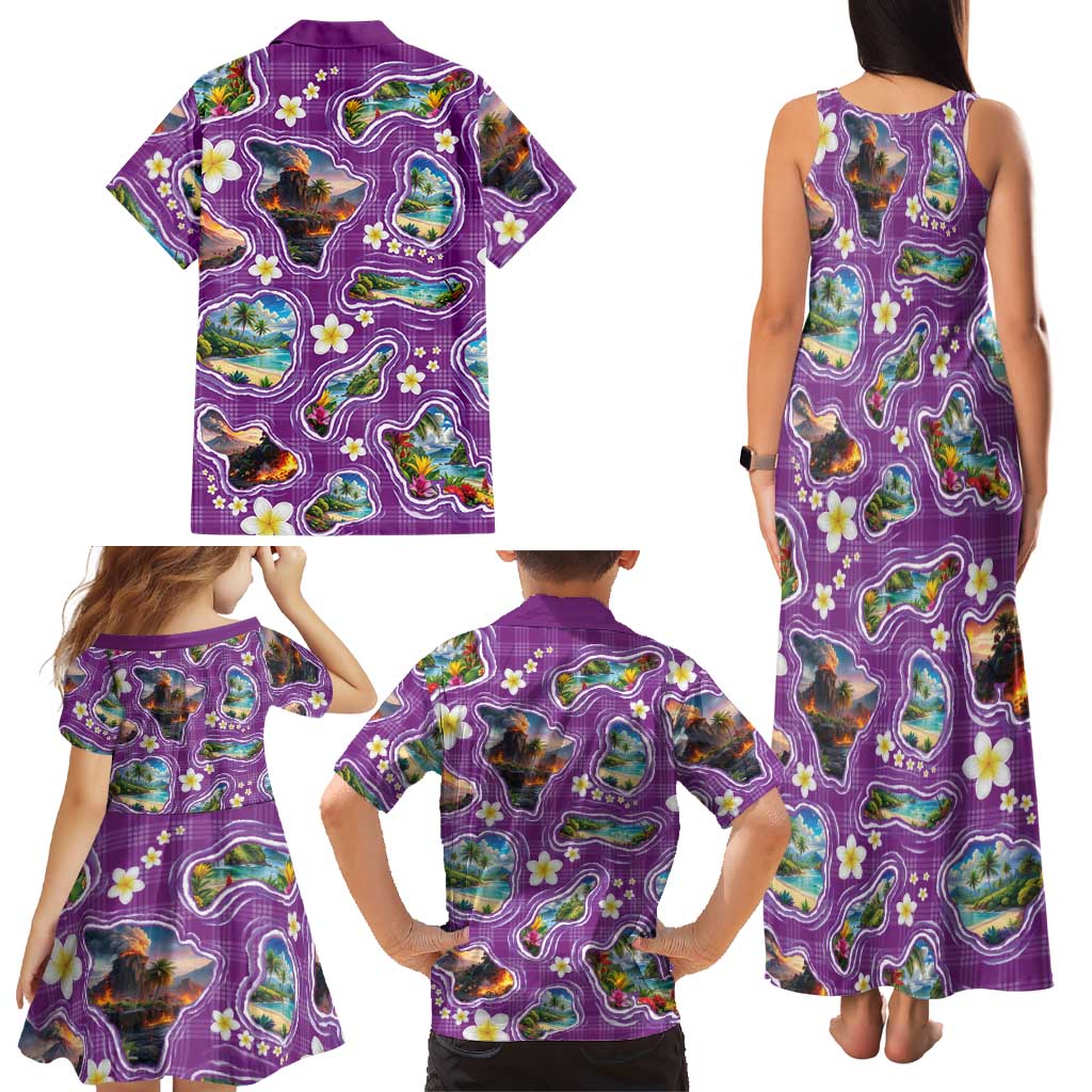 Hawaiian Island Shapes-Iconic Landscape Family Matching Tank Maxi Dress and Hawaiian Shirt with Plumeria and Palaka Purple Color