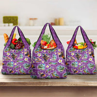 Hawaiian Island Shapes-Iconic Landscape Grocery Bag with Plumeria and Palaka Purple Color