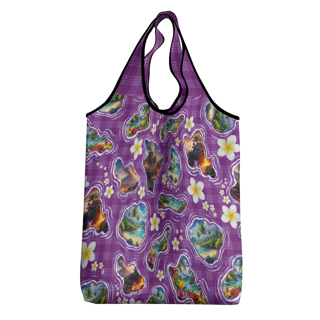Hawaiian Island Shapes-Iconic Landscape Grocery Bag with Plumeria and Palaka Purple Color