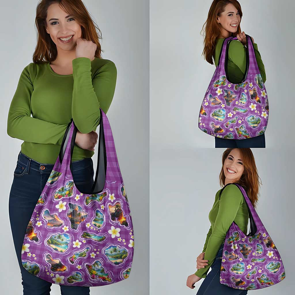Hawaiian Island Shapes-Iconic Landscape Grocery Bag with Plumeria and Palaka Purple Color