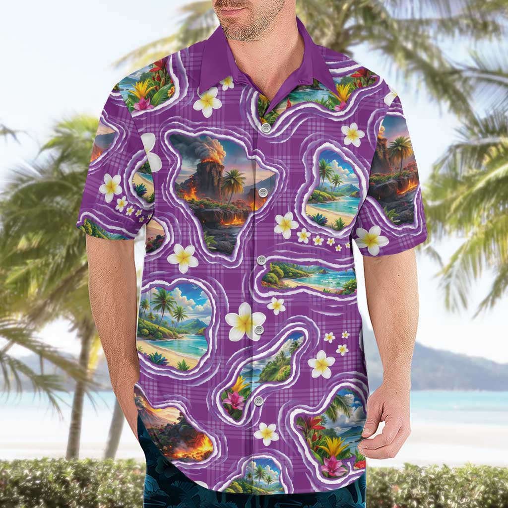 Hawaiian Island Shapes-Iconic Landscape Hawaiian Shirt with Plumeria and Palaka Purple Color