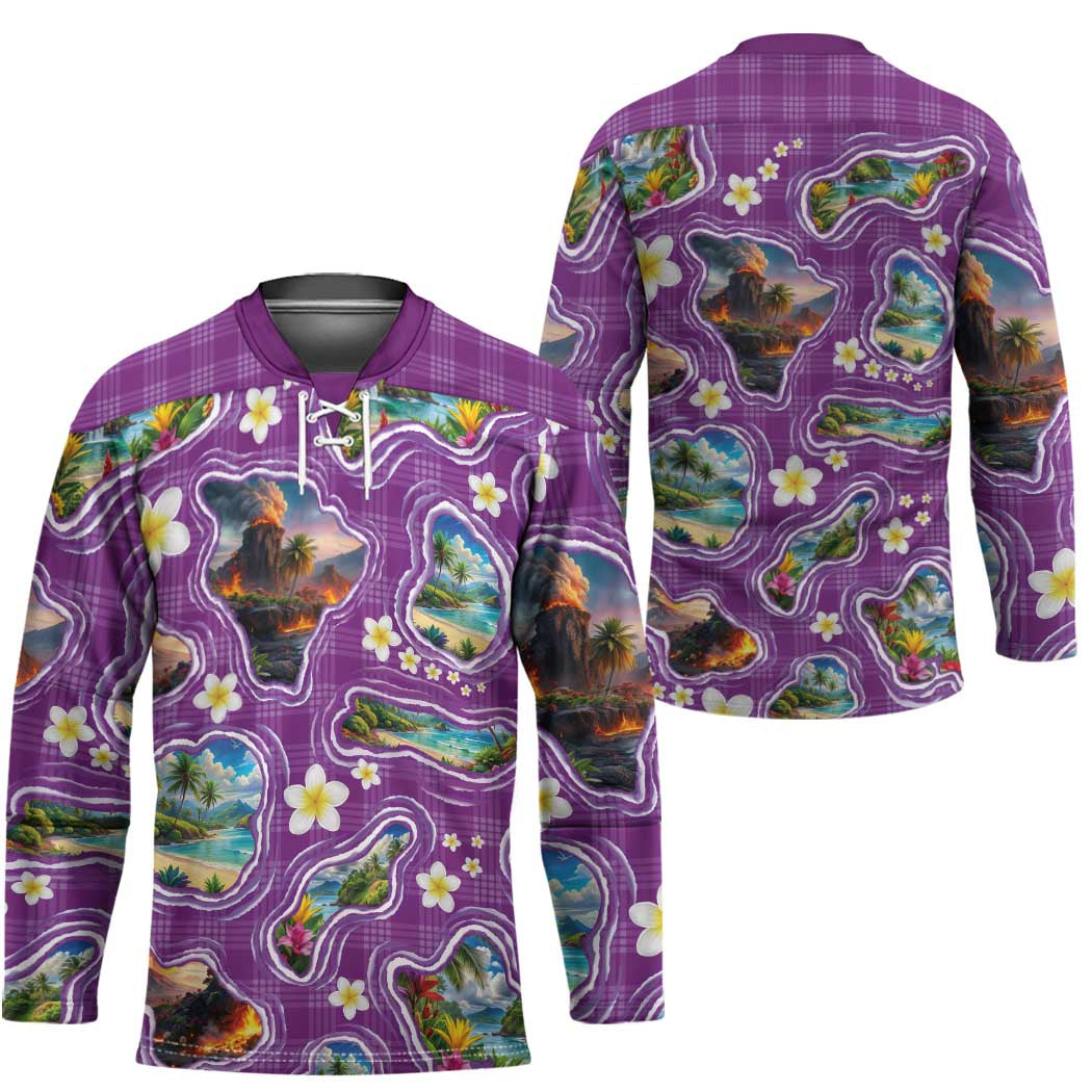 Hawaiian Island Shapes-Iconic Landscape Hockey Jersey with Plumeria and Palaka Purple Color