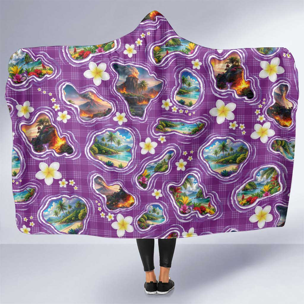Hawaiian Island Shapes-Iconic Landscape Hooded Blanket with Plumeria and Palaka Purple Color