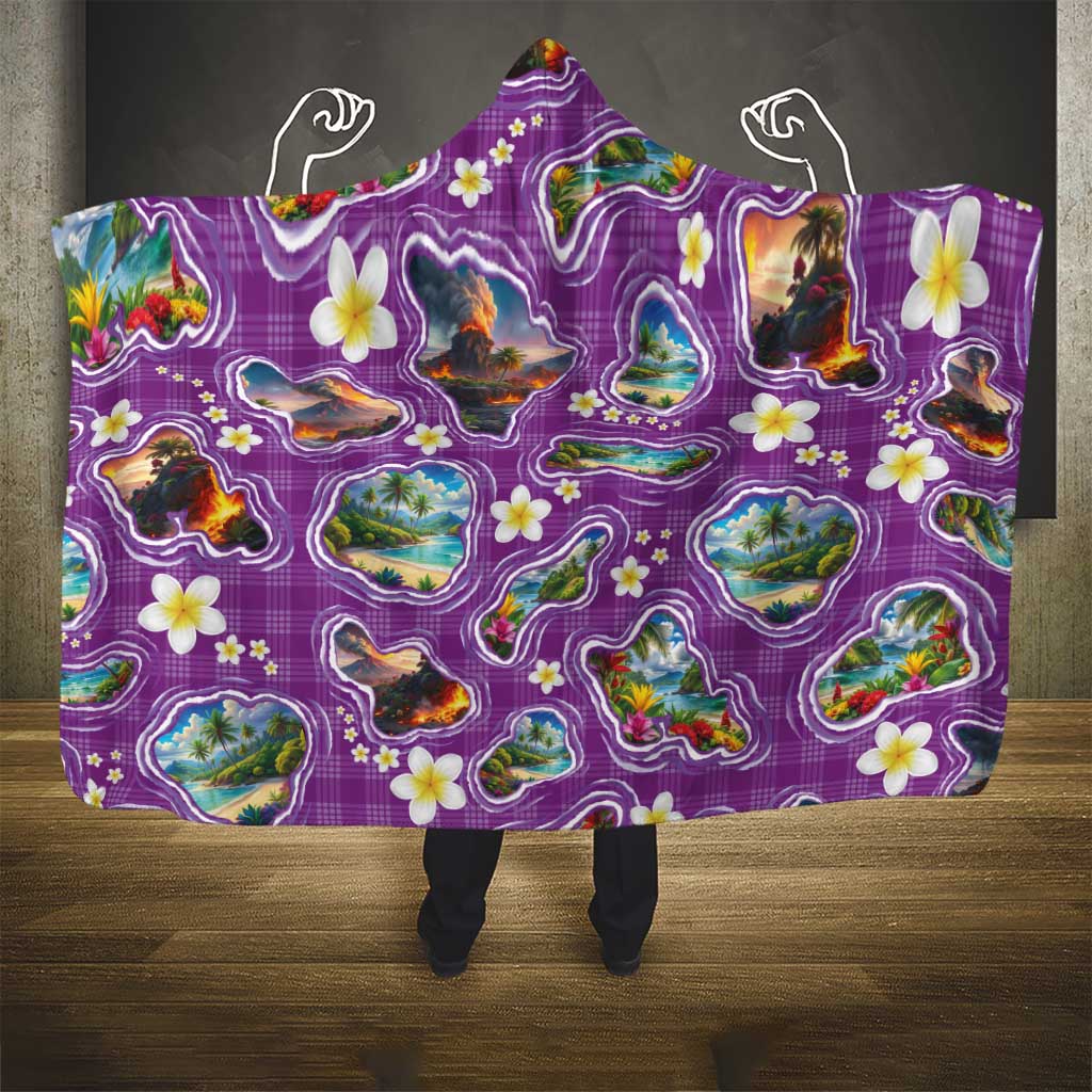 Hawaiian Island Shapes-Iconic Landscape Hooded Blanket with Plumeria and Palaka Purple Color
