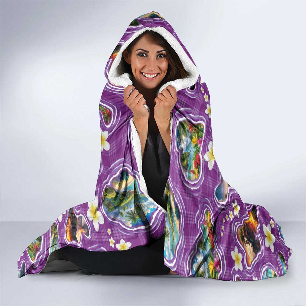 Hawaiian Island Shapes-Iconic Landscape Hooded Blanket with Plumeria and Palaka Purple Color