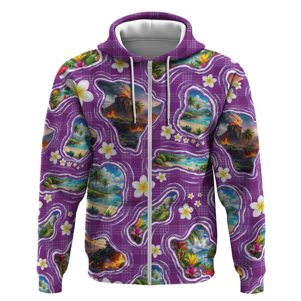 Hawaiian Island Shapes-Iconic Landscape Hoodie with Plumeria and Palaka Purple Color