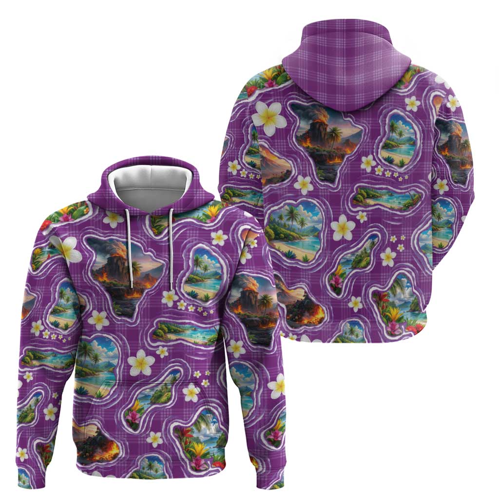 Hawaiian Island Shapes-Iconic Landscape Hoodie with Plumeria and Palaka Purple Color