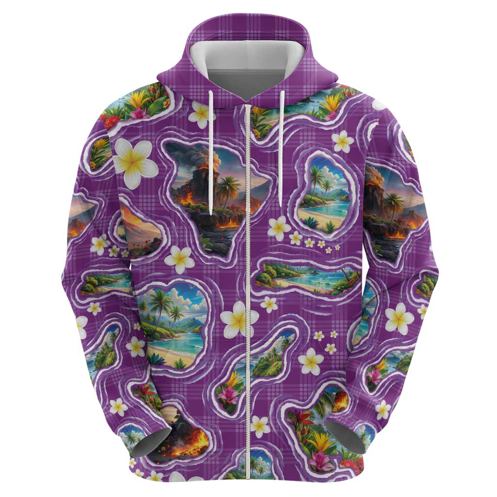 Hawaiian Island Shapes-Iconic Landscape Hoodie with Plumeria and Palaka Purple Color