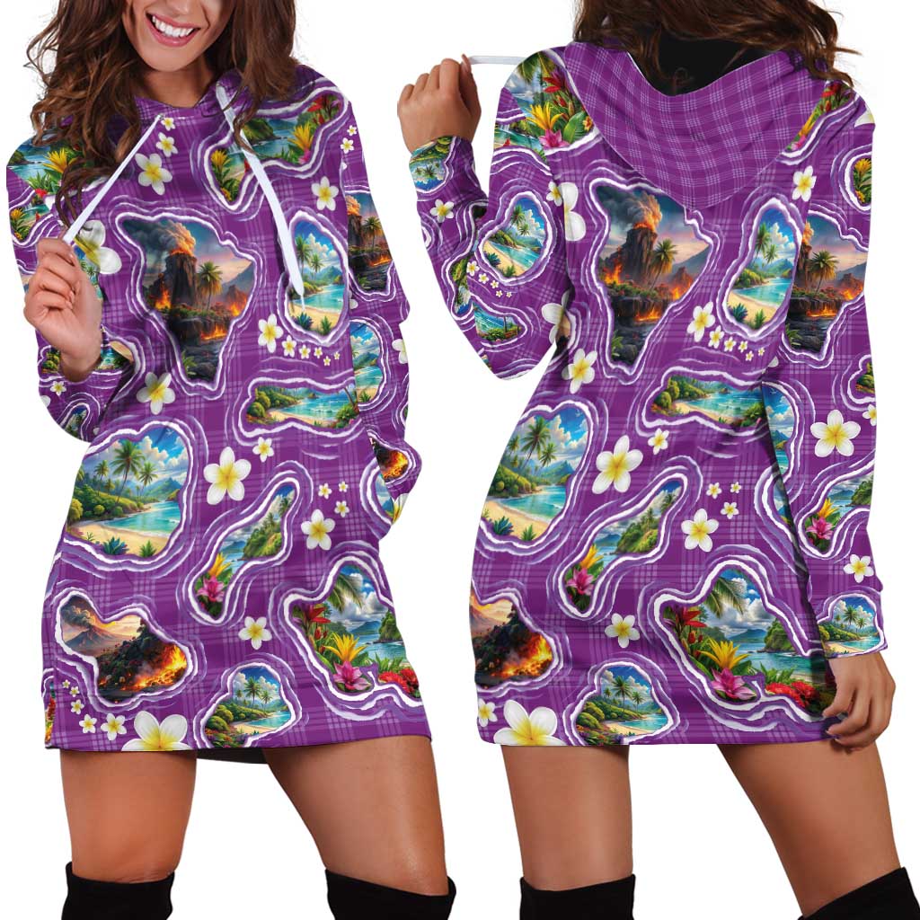 Hawaiian Island Shapes-Iconic Landscape Hoodie Dress with Plumeria and Palaka Purple Color