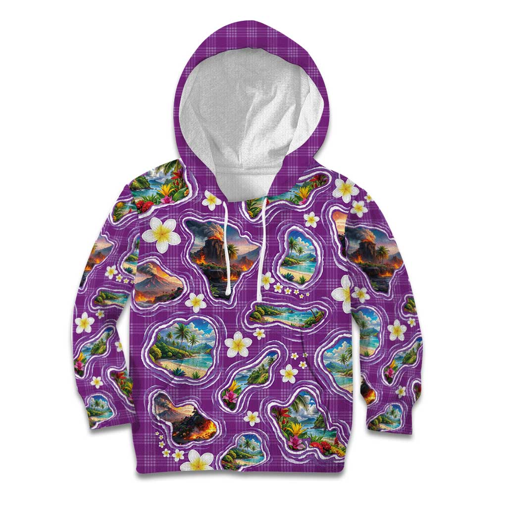 Hawaiian Island Shapes-Iconic Landscape Kid Hoodie with Plumeria and Palaka Purple Color LT03 Hoodie Purple - Polynesian Pride