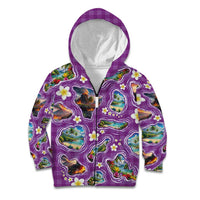 Hawaiian Island Shapes-Iconic Landscape Kid Hoodie with Plumeria and Palaka Purple Color LT03 Zip Hoodie Purple - Polynesian Pride