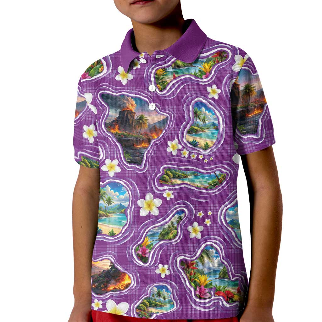 Hawaiian Island Shapes-Iconic Landscape Kid Polo Shirt with Plumeria and Palaka Purple Color