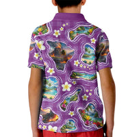 Hawaiian Island Shapes-Iconic Landscape Kid Polo Shirt with Plumeria and Palaka Purple Color