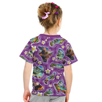 Hawaiian Island Shapes-Iconic Landscape Kid T Shirt with Plumeria and Palaka Purple Color