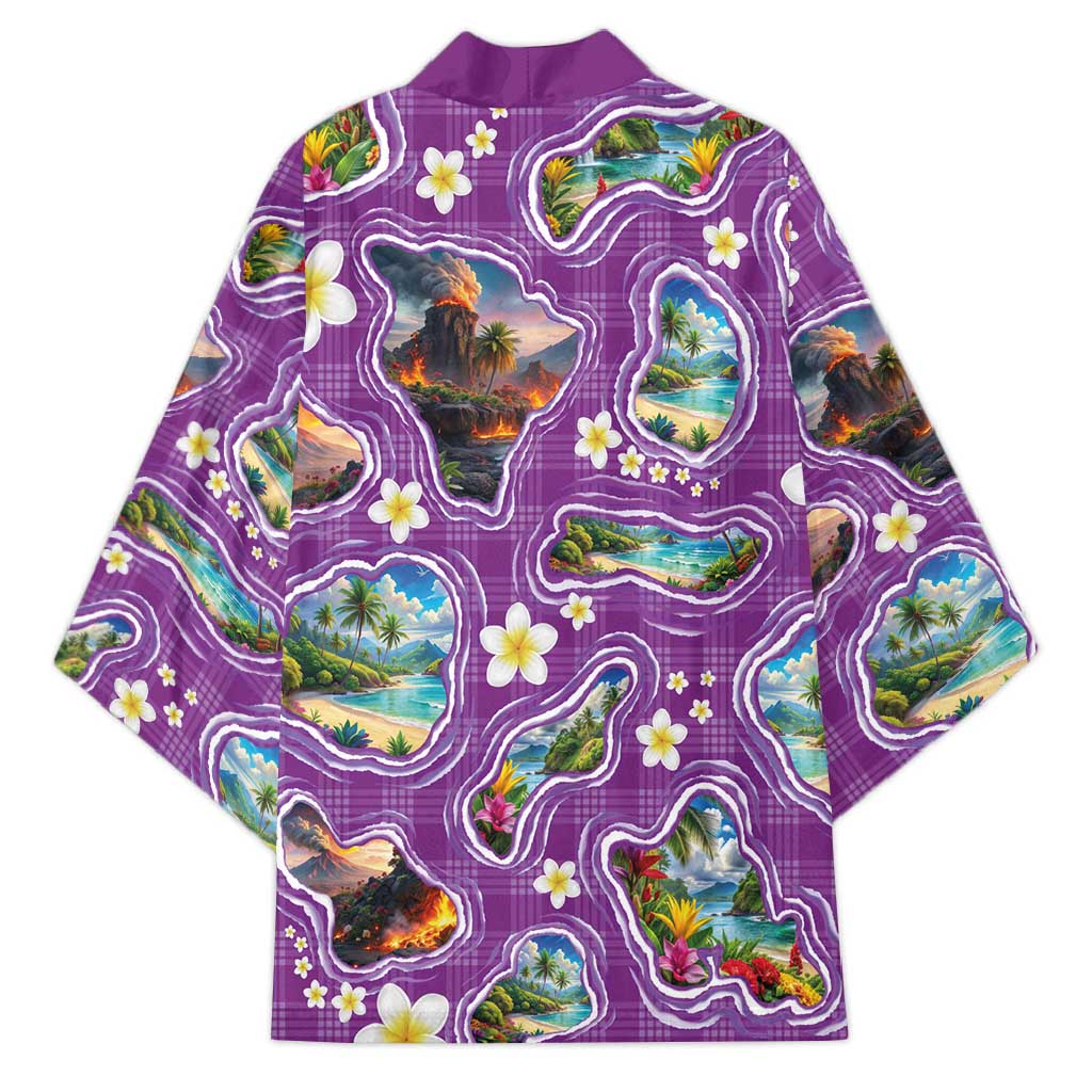 Hawaiian Island Shapes-Iconic Landscape Kimono with Plumeria and Palaka Purple Color