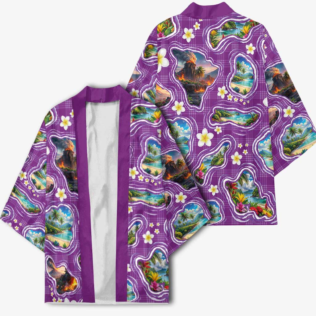 Hawaiian Island Shapes-Iconic Landscape Kimono with Plumeria and Palaka Purple Color