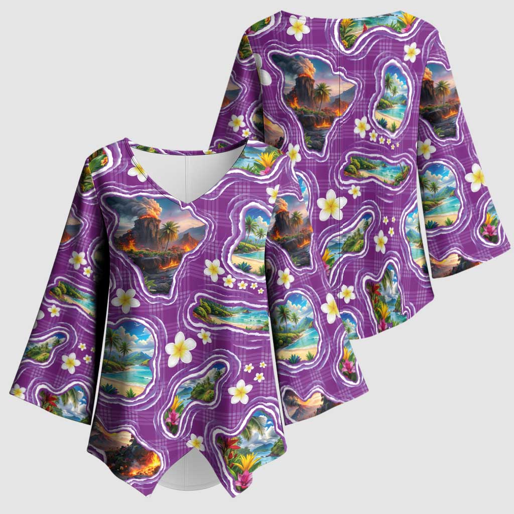 Hawaiian Island Shapes-Iconic Landscape Kimono Sleeve Blouse with Plumeria and Palaka Purple Color