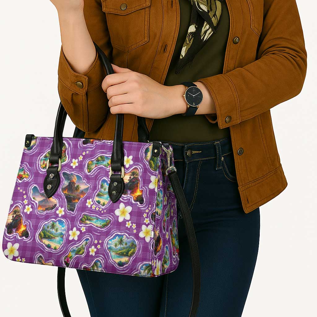 Hawaiian Island Shapes-Iconic Landscape Leather Bag with Plumeria and Palaka Purple Color