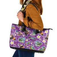 Hawaiian Island Shapes-Iconic Landscape Leather Tote Bag with Plumeria and Palaka Purple Color
