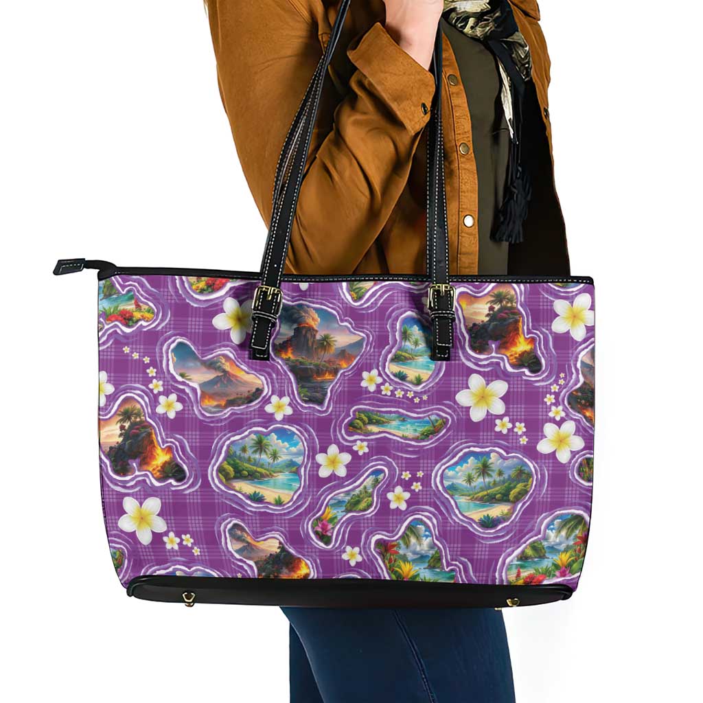 Hawaiian Island Shapes-Iconic Landscape Leather Tote Bag with Plumeria and Palaka Purple Color