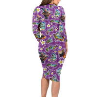 Hawaiian Island Shapes-Iconic Landscape Long Sleeve Bodycon Dress with Plumeria and Palaka Purple Color