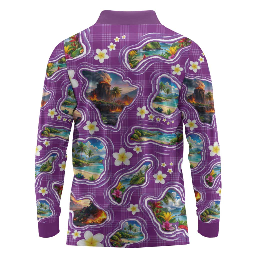 Hawaiian Island Shapes-Iconic Landscape Long Sleeve Polo Shirt with Plumeria and Palaka Purple Color