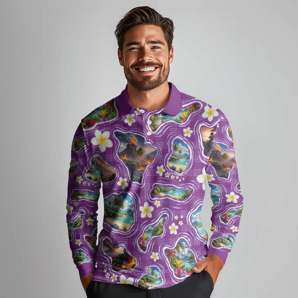 Hawaiian Island Shapes-Iconic Landscape Long Sleeve Polo Shirt with Plumeria and Palaka Purple Color