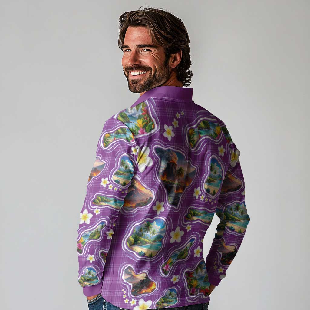 Hawaiian Island Shapes-Iconic Landscape Long Sleeve Polo Shirt with Plumeria and Palaka Purple Color