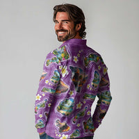 Hawaiian Island Shapes-Iconic Landscape Long Sleeve Polo Shirt with Plumeria and Palaka Purple Color