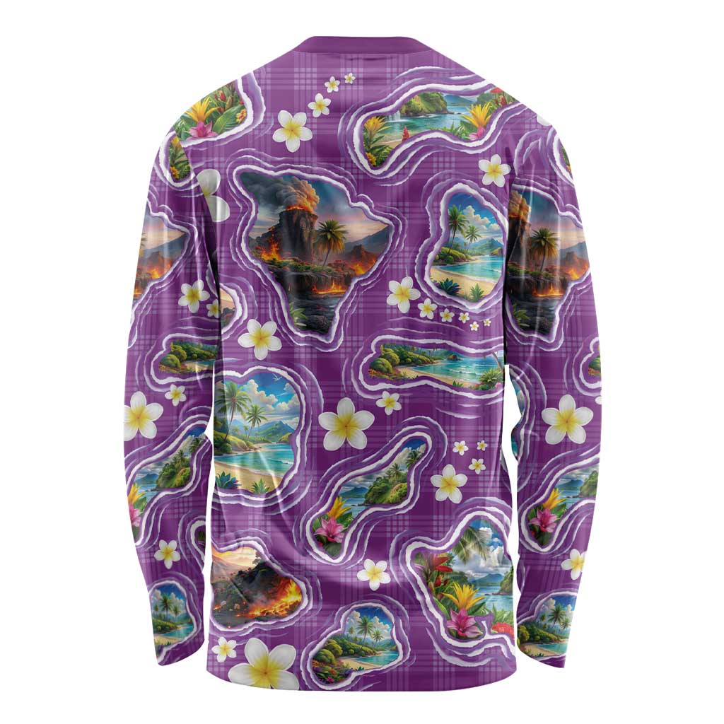Hawaiian Island Shapes-Iconic Landscape Long Sleeve Shirt with Plumeria and Palaka Purple Color