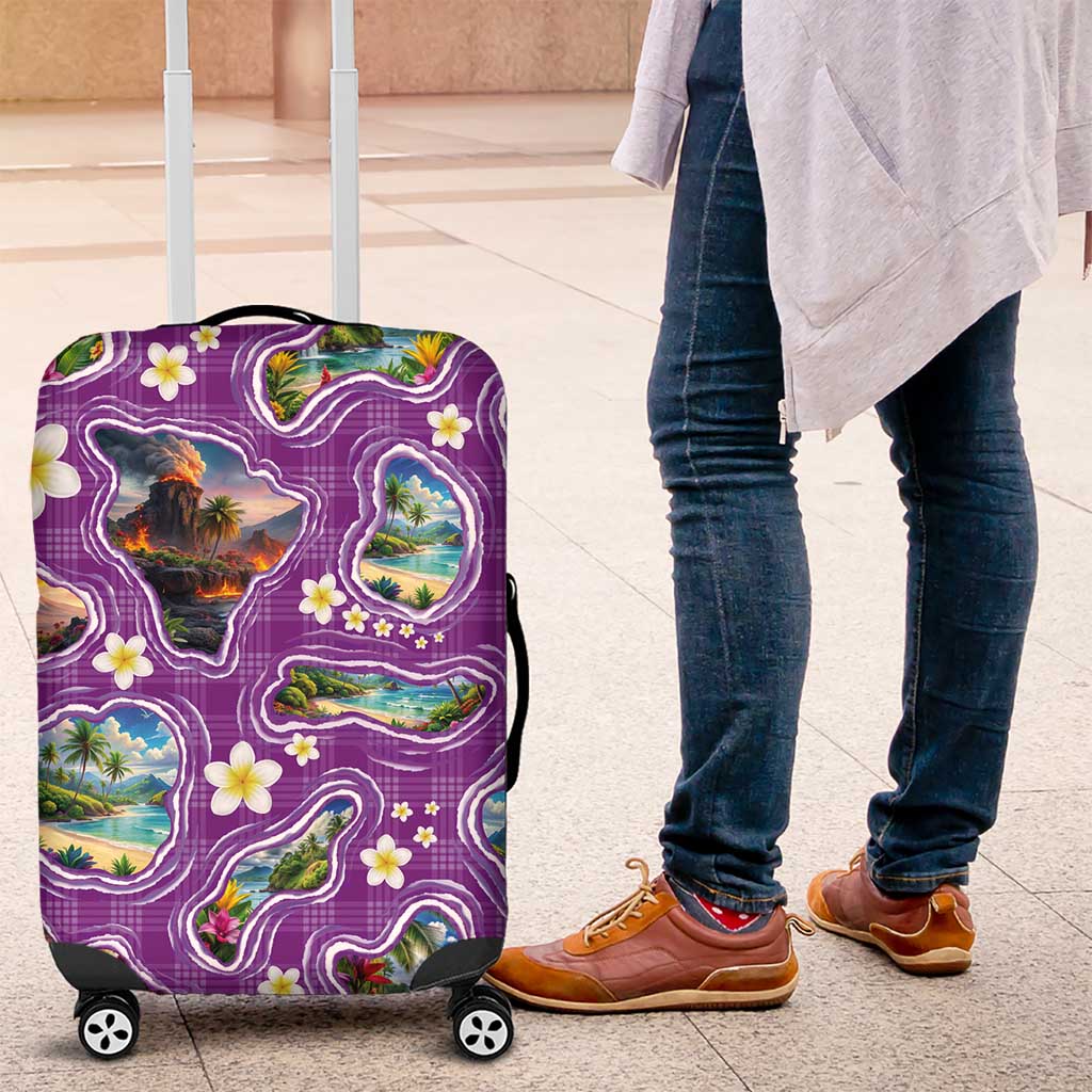 Hawaiian Island Shapes-Iconic Landscape Luggage Cover with Plumeria and Palaka Purple Color