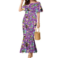Hawaiian Island Shapes-Iconic Landscape Mermaid Dress with Plumeria and Palaka Purple Color