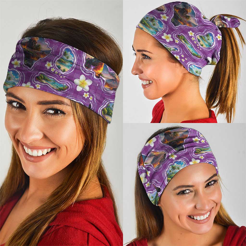 Hawaiian Island Shapes-Iconic Landscape Neck Gaiter with Plumeria and Palaka Purple Color