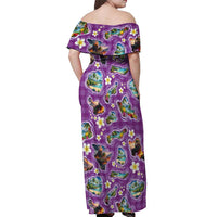Hawaiian Island Shapes-Iconic Landscape Off Shoulder Maxi Dress with Plumeria and Palaka Purple Color