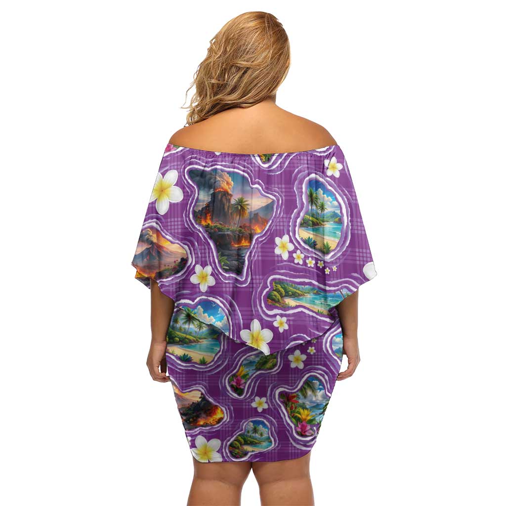 Hawaiian Island Shapes-Iconic Landscape Off Shoulder Short Dress with Plumeria and Palaka Purple Color