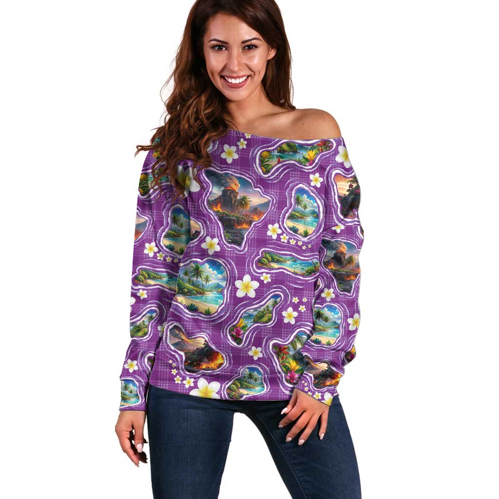 Hawaiian Island Shapes-Iconic Landscape Off Shoulder Sweater with Plumeria and Palaka Purple Color
