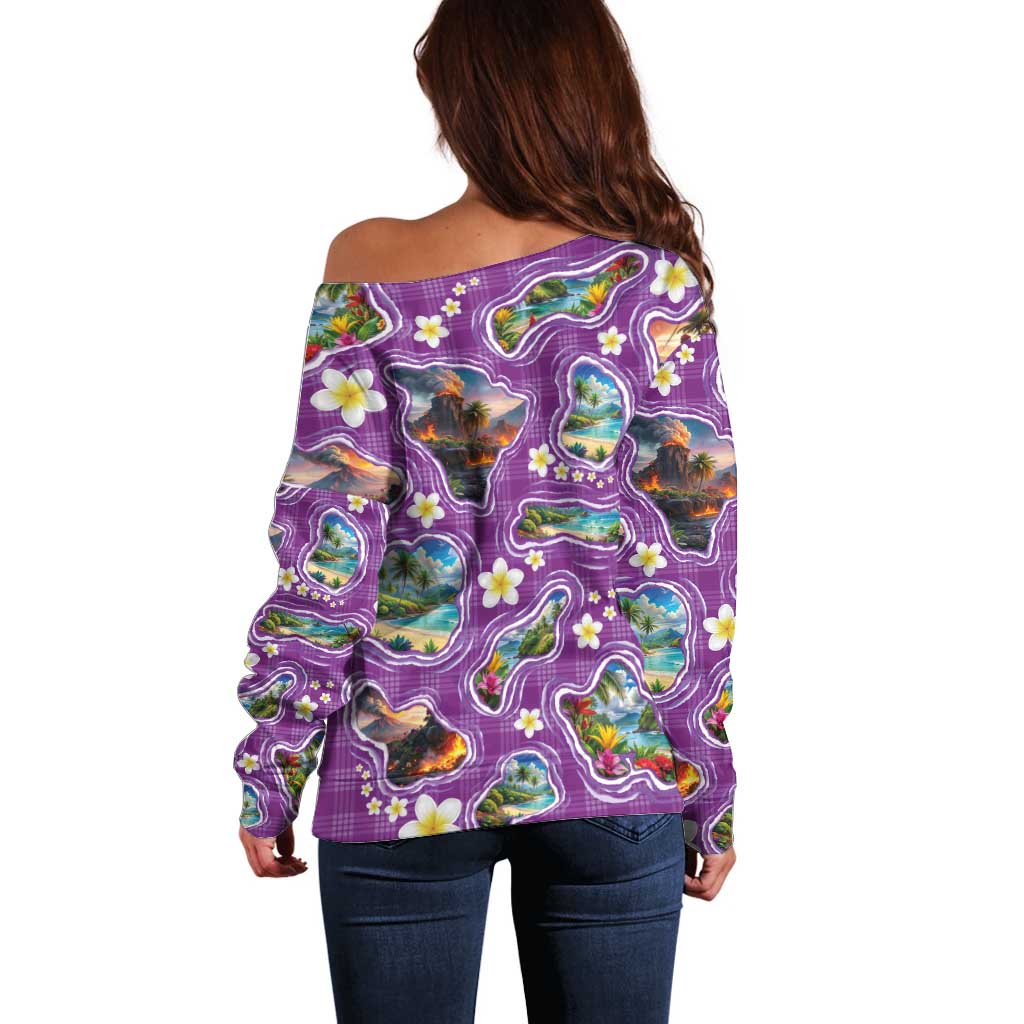 Hawaiian Island Shapes-Iconic Landscape Off Shoulder Sweater with Plumeria and Palaka Purple Color