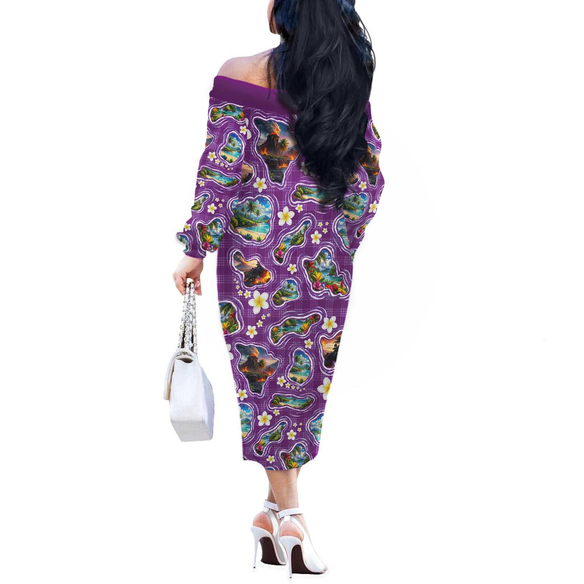 Hawaiian Island Shapes-Iconic Landscape Off The Shoulder Long Sleeve Dress with Plumeria and Palaka Purple Color