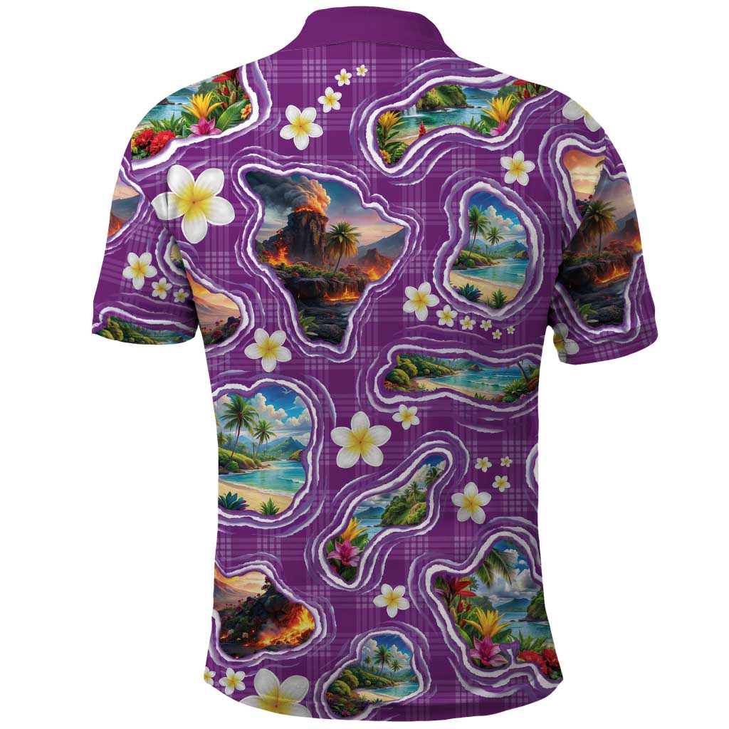 Hawaiian Island Shapes-Iconic Landscape Polo Shirt with Plumeria and Palaka Purple Color